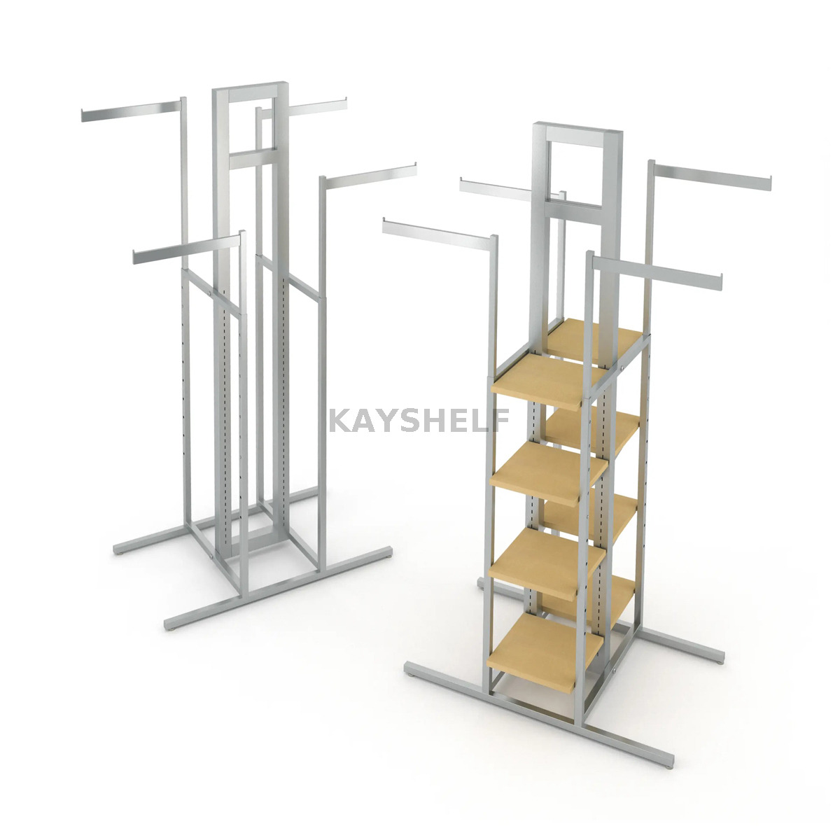 Chrome Square Tube Garment Shop Cross Merchandising 4-Way Clothing Rack For Sale