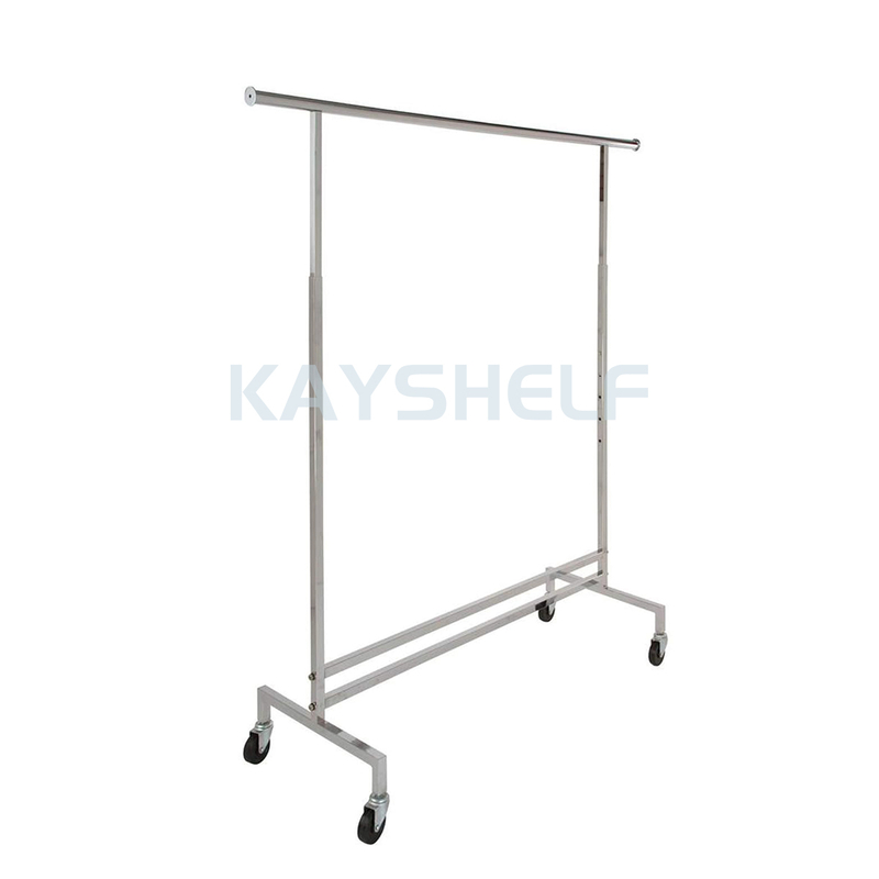 Adjustable Single Hang Rail Rolling Clothes Rack in Chrome Finish