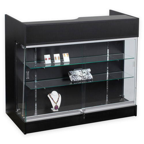 Black Laminate Wood 48 Inch Point Of Sale Display Showcase Register Check Out Counter With Glass Shelves