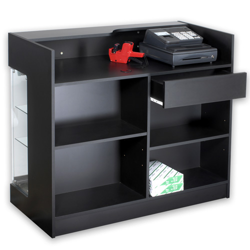 Black Laminate Wood 48 Inch Point Of Sale Display Showcase Register Check Out Counter With Glass Shelves