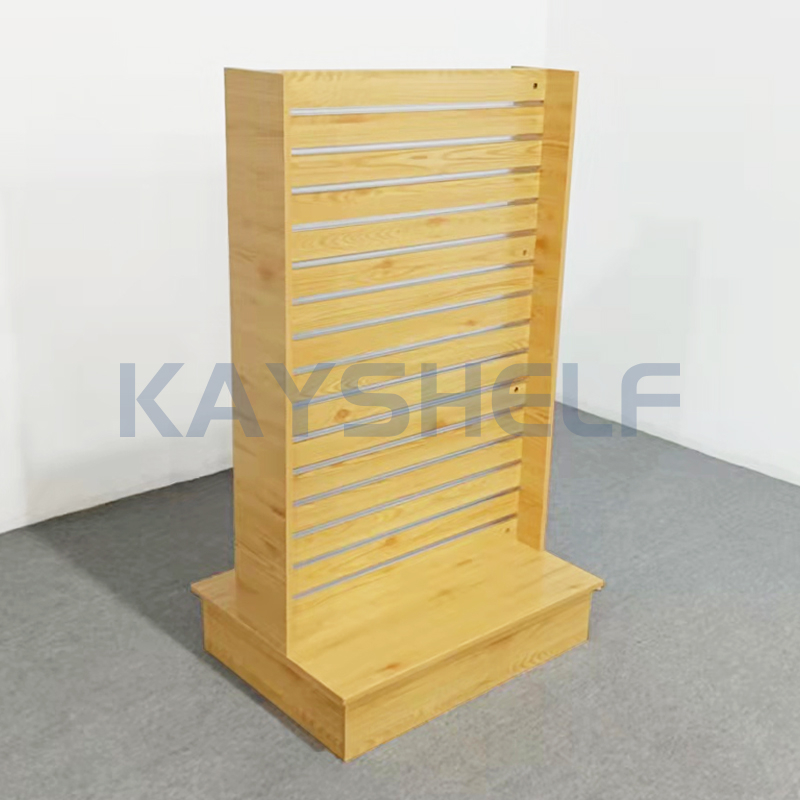 Walnut Color Wooden Slat Wall Merchandiser Double Side Slatwall Display Stand