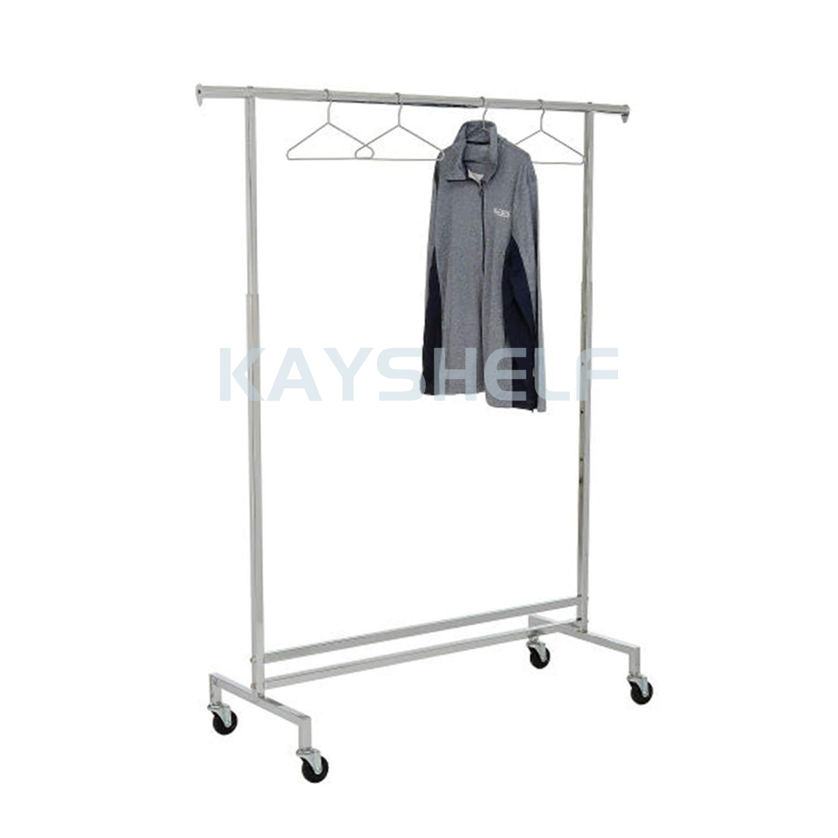 Adjustable Single Hang Rail Rolling Clothes Rack in Chrome Finish