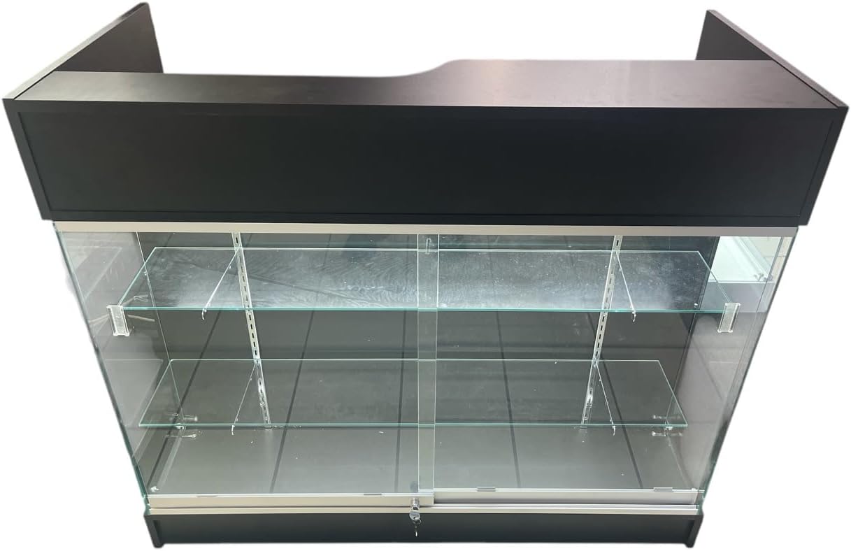 Black Laminate Wood 48 Inch Point Of Sale Display Showcase Register Check Out Counter With Glass Shelves