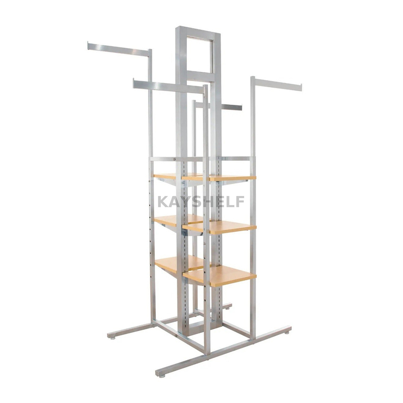 Chrome Square Tube Garment Shop Cross Merchandising 4-Way Clothing Rack For Sale