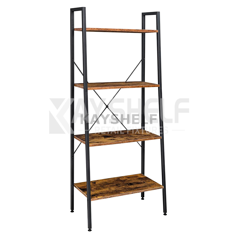 Metal Wood Ladder Shelf, 4-Tier Bookshelf, Industrial Storage Rack Shelf for Living Room, Home Office, Bathroom