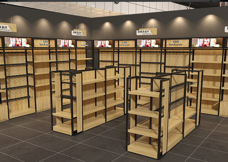Wood and steel retail shelving