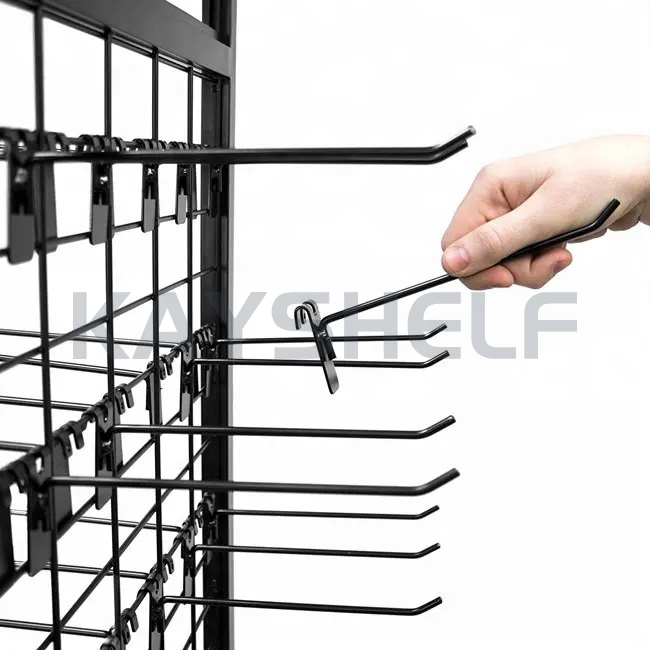 Floor-stand/Rolling Metallic Double Side Store Merchandising Display Rack with Hooks and Wire Baskets